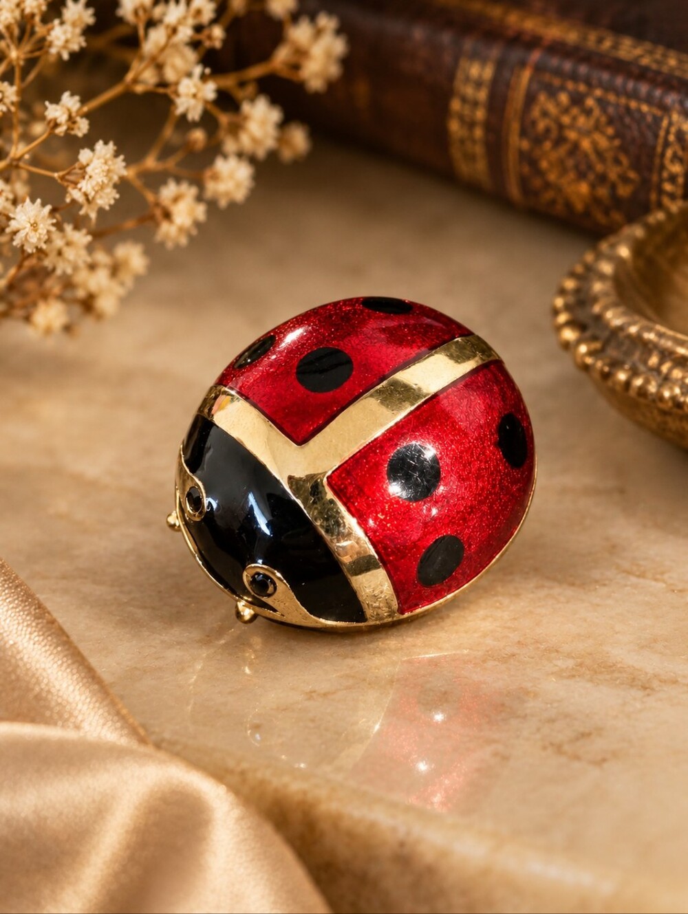 Vintage Red Enamel Ladybug Brooch – Gold-Tone Trim – Whimsical Statement Jewelry